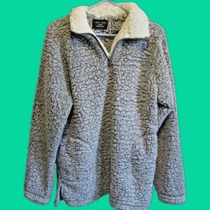 Pile High 1/4 Zip Fleece Womens Large Gray Faux Sherpa Pockets Love Tree